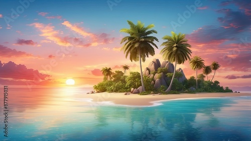 Tropical island with a palm tree at sunset. © Uzair