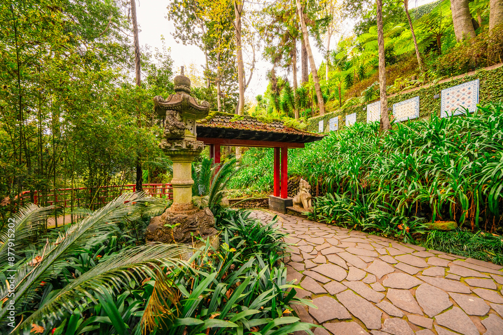 Monte Palace, Tropical Garden with Waterfalls, Lakes and traditional buildings above the city of Funchal Monte Palace, Tropical Garden with Waterfalls, Lakes and traditional buildings above the city of Funchal