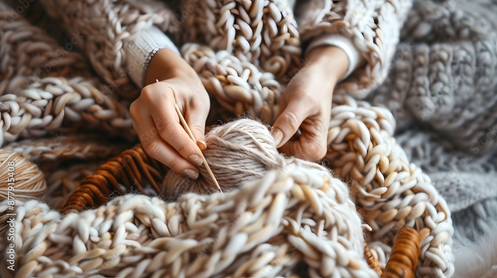 Knitting a Blanket: Hands knitting a cozy blanket, with yarn and needles in a basket.
Knitting a Blanket: Hands knitting a cozy blanket, with yarn and needles in a basket.