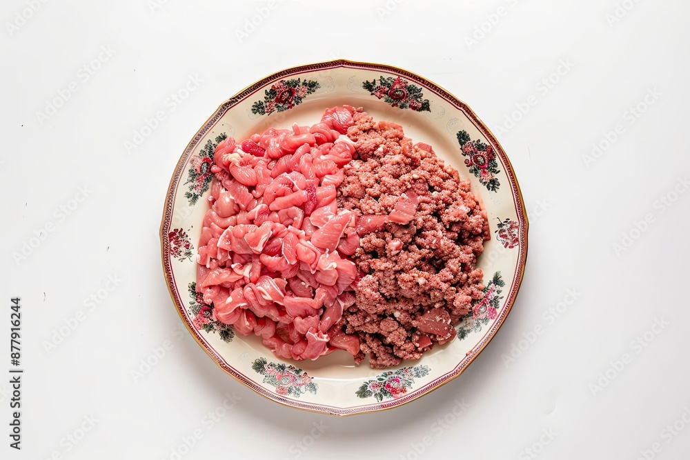 Freshly prepared minced meat and sliced meat on a plate Freshly prepared minced meat and sliced meat on a plate