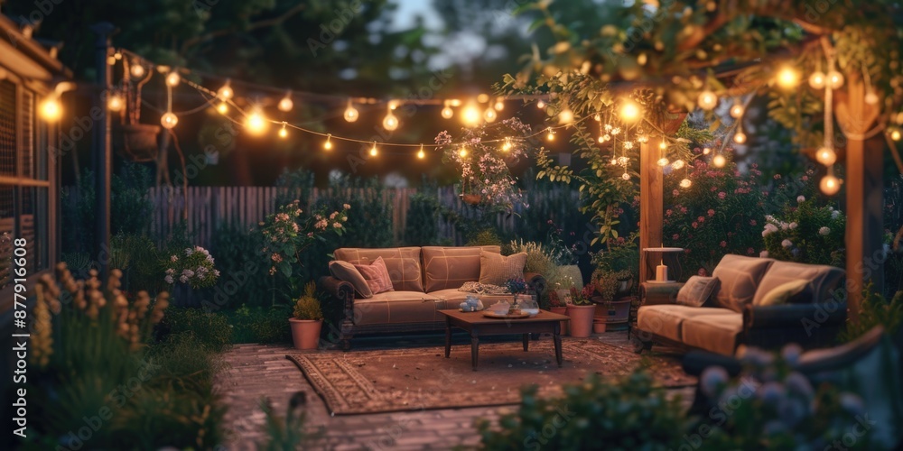 A cozy outdoor seating area featuring a couch, table, chairs and string lights for a warm ambiance A cozy outdoor seating area featuring a couch, table, chairs and string lights for a warm ambiance