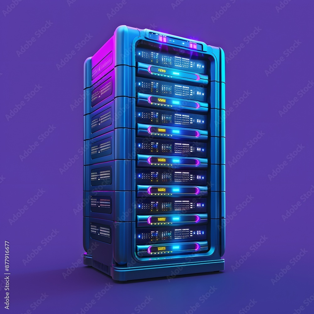 Futuristic data server rack with glowing neon lights, standing against a vibrant purple background. High-tech and modern design. Futuristic data server rack with glowing neon lights, standing against a vibrant purple background. High-tech and modern design.