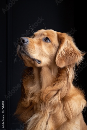 An exquisite studio photo of a Golden Retriever looking upwards, capturing the breed's inquisitive and intelligent expression. Perfect for high-end and sophisticated pet photography. © Raad