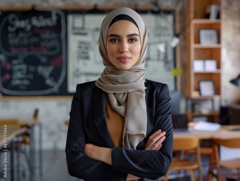 A woman wearing a hijab standing in front of a chalkboard with equations and diagrams A woman wearing a hijab standing in front of a chalkboard with equations and diagrams