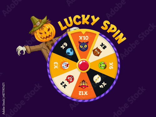 Halloween roulette spin, fortune wheel and scarecrow cartoon character, vector trick or treat night party casino game. Halloween holiday fortune wheel, funny cats, zombie, alien and mummy personages