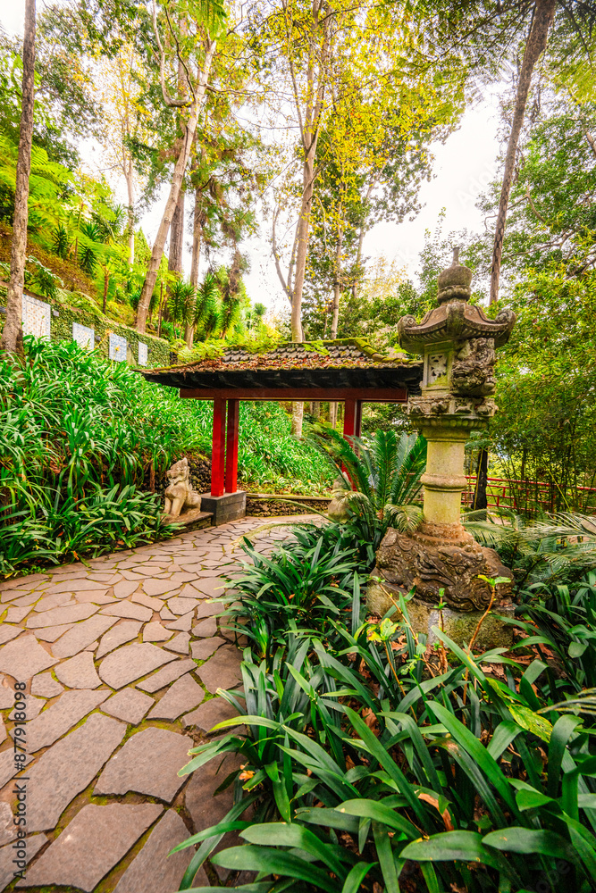 Monte Palace, Tropical Garden with Waterfalls, Lakes and traditional buildings above the city of Funchal Monte Palace, Tropical Garden with Waterfalls, Lakes and traditional buildings above the city of Funchal