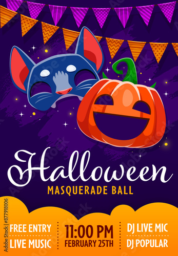Halloween party flyer with funny kid masks of black cat and pumpkin face. Vector invitation, join the masquerade ball, dont miss out on the frightful delight, spooktacular fun with games and treats