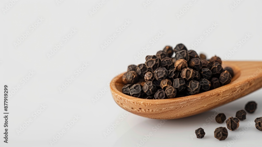 Black pepper in a wooden spoon against a white backdrop Black pepper in a wooden spoon against a white backdrop