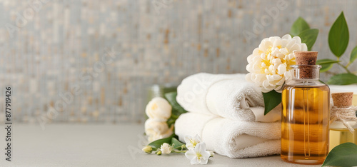 Chic bathroom featuring a spa-like setup with fragrant bath oils and fresh flowers, evoking relaxation and luxury in a home setting