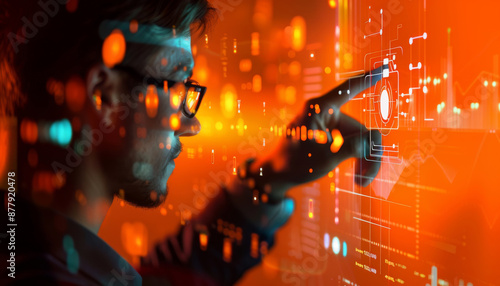 Wallpaper Mural Man Looking At Digital Interface With Red Lighting Torontodigital.ca