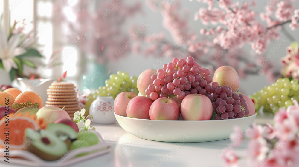 Beautiful fruit and flower arrangement with festive decor for Mid-Autumn Festival Beautiful fruit and flower arrangement with festive decor for Mid-Autumn Festival