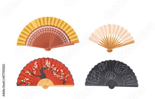 Four Traditional Asian Hand Fans Featuring Diverse Designs. Each Fan Is Uniquely Decorated, Vector Illustration