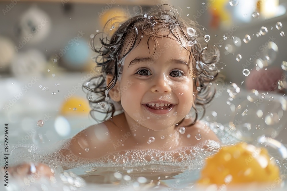 A child enjoying a playful bathtime filled with bubbles and toys. A child enjoying a playful bathtime filled with bubbles and toys.
