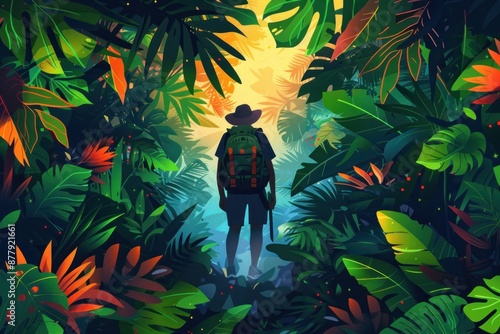 Flat design illustration of an adventurer exploring a dense jungle with a machete in hand. The lush greenery, exotic plants, and wildlife create a sense of mystery and excitement. The adventurer