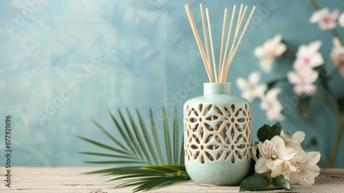 Diffuser with intricate design, placed on a rustic wooden table, surrounded by natural elements, filling the space with refreshing fragrance