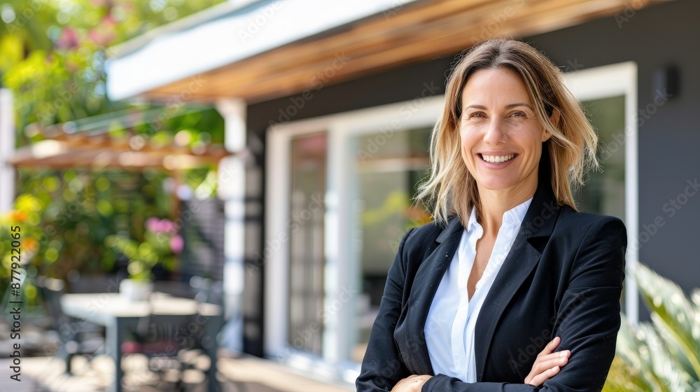 An American woman real estate agent exudes authority and confidence as she stands with arms crossed in a black suit outside a modern home, embodying success in the real estate industry. An American woman real estate agent exudes authority and confidence as she stands with arms crossed in a black suit outside a modern home, embodying success in the real estate industry.