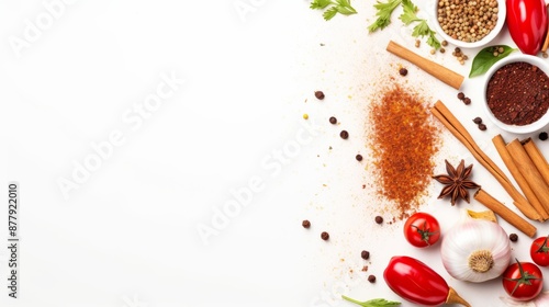 Fototapeta Naklejka Na Ścianę i Meble -  Kitchen spice and food frame: peppers, garlic, cherry tomatoes on white background, top-down view with copy space


