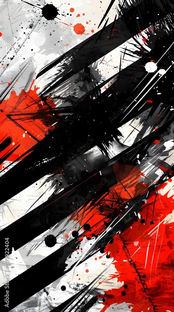 Naklejka premium Abstract Expressionist Chaos: A dynamic explosion of black, white, and red paint splatters and sharp strokes, creating a high-energy, chaotic visual impact with intense contrasts.
