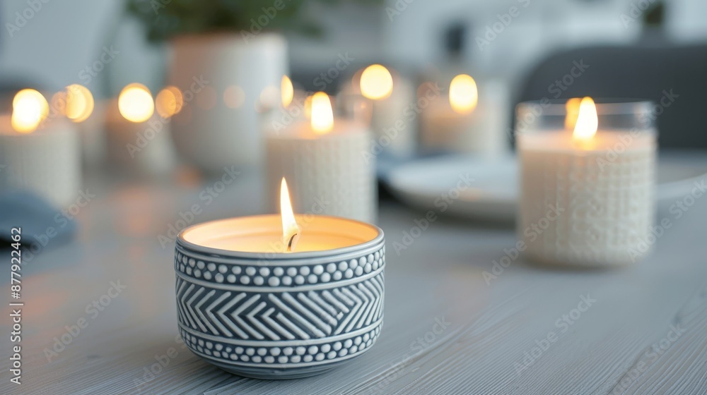 Elegant dinner table setting with multiple candles, warm flames casting a soft glow, soy wax candles in decorative holders Elegant dinner table setting with multiple candles, warm flames casting a soft glow, soy wax candles in decorative holders