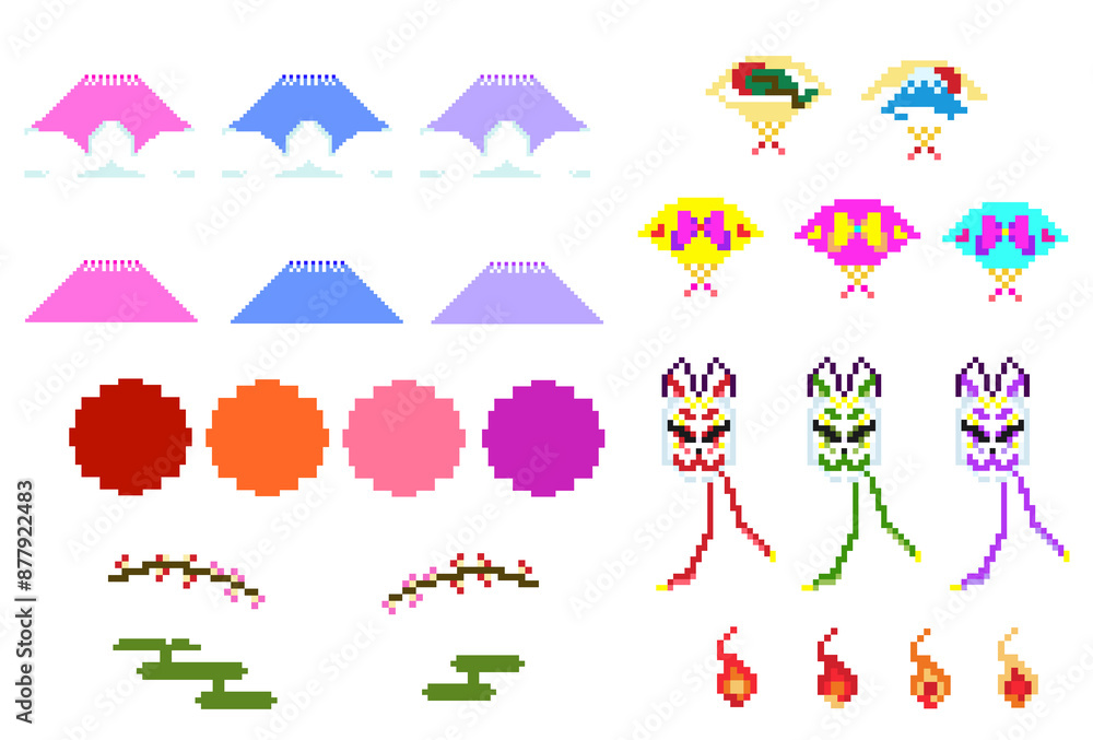 カワイイドット絵 | kwaii pixelart 03
可愛いドット絵、ピクセルアートの和風セットです。
富士山や狐面、扇子、松や梅などポップな色使いのドット絵です。
PNGデータは背景透過していますのでカットしてご使用ください。 カワイイドット絵 | kwaii pixelart 03
可愛いドット絵、ピクセルアートの和風セットです。
富士山や狐面、扇子、松や梅などポップな色使いのドット絵です。
PNGデータは背景透過していますのでカットしてご使用ください。