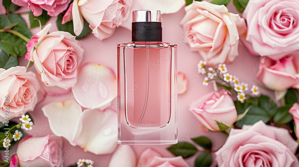 Elegant floral fragrance bottle amidst a lush garden of blooming roses and jasmine, delicate petals cascading around Elegant floral fragrance bottle amidst a lush garden of blooming roses and jasmine, delicate petals cascading around