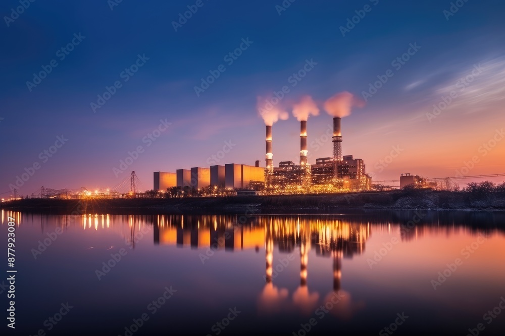 Naklejka premium Industrial Power Plant at Sunset Reflected in Water