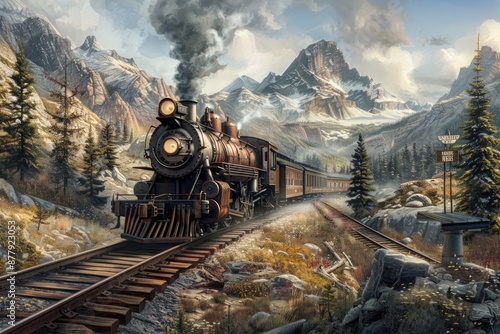 Steam Engine Train Chugging Through Mountainous Landscape