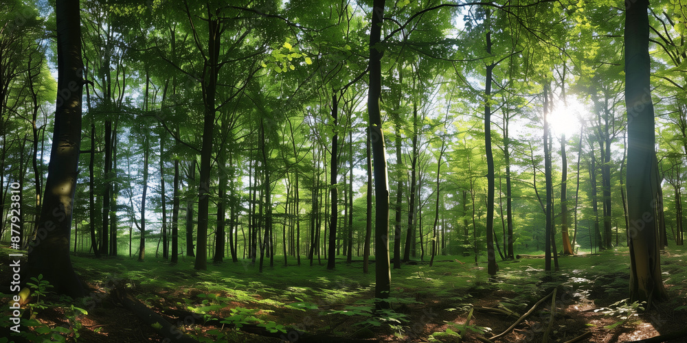 Obraz premium A serene panoramic view of a sunlit forest filled with green trees and lush foliage, showcasing the beauty of nature and the tranquil ambiance of the woodland during the day.