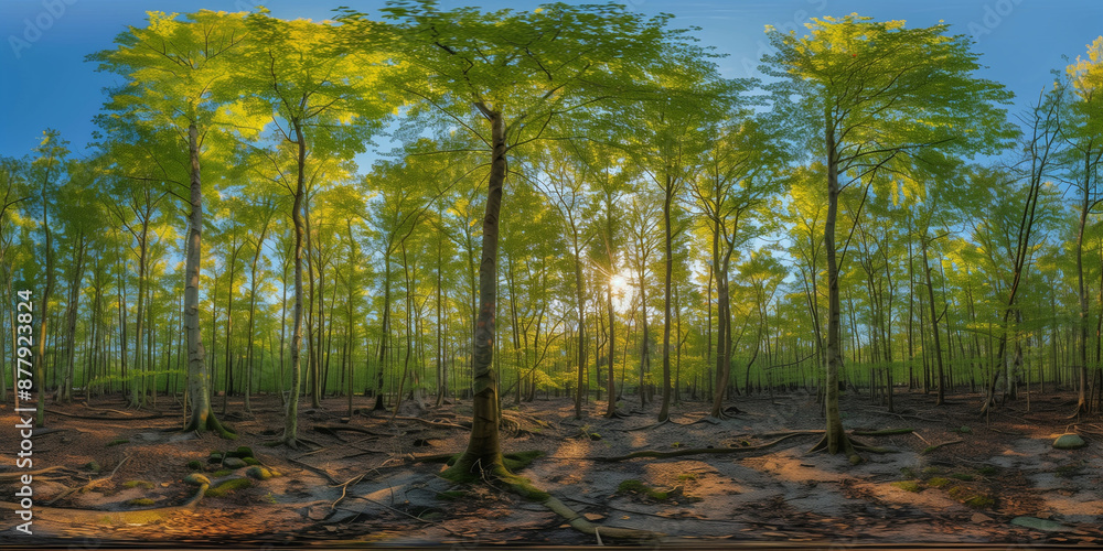 Fototapeta premium A stunning panoramic view of a lush green forest bathed in golden hour sunlight, highlighting tall trees and creating a serene, peaceful atmosphere in nature.