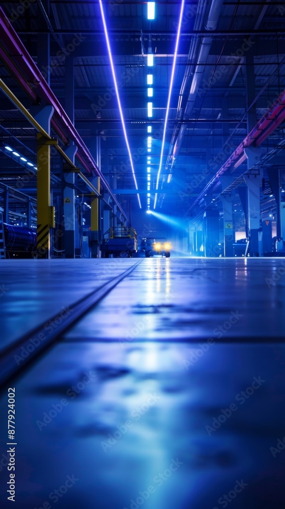 Interior MRO facility straight on with overhead lighting and empty foreground Interior MRO facility straight on with overhead lighting and empty foreground