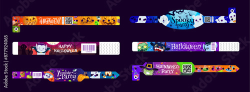 Halloween holiday party paper bracelets, hand wristband mockup. Vector set with cartoon spooky motifs, pumpkins, ghosts, witch or vampire and bats. Festive wrists, playful accessories for holiday