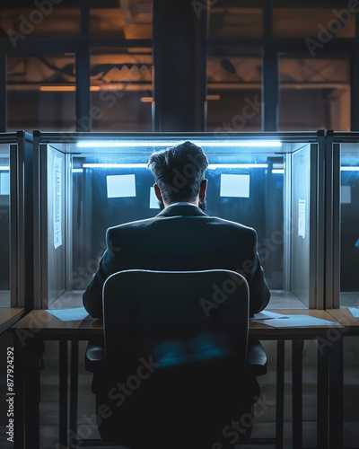 Businessman working late in dimly lit office, focused on work at his workstation. Professional dedication and late night commitment.