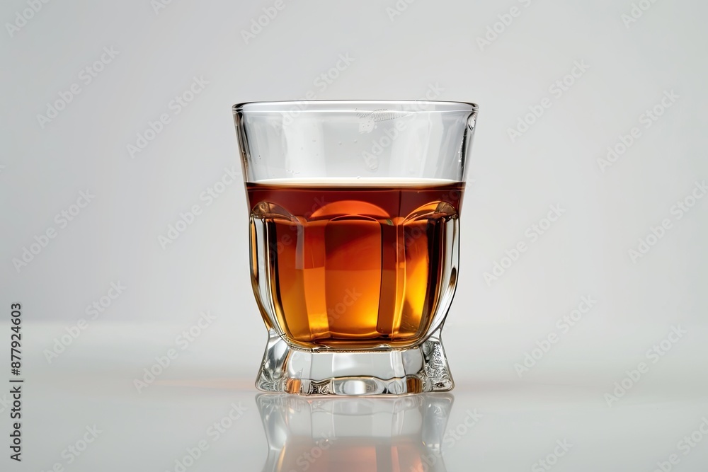 Glass of amber liquid on reflective surface with grey background Glass of amber liquid on reflective surface with grey background