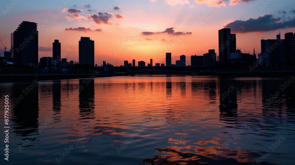 Urban canals meander through the city's center, shimmering under twilight, capturing evening's beauty. Urban canals meander through the city's center, shimmering under twilight, capturing evening's beauty.