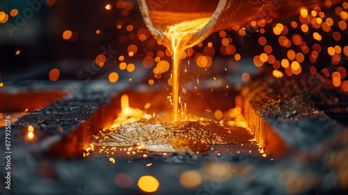 Molten Iron Pouring into Casting Mold with Sparks