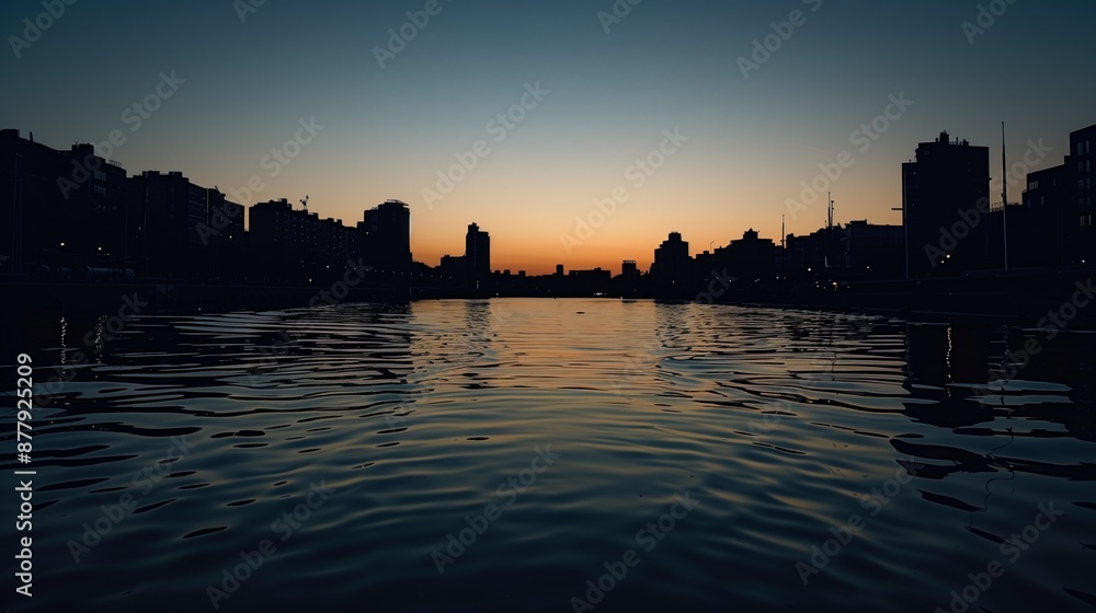 Naklejka premium Urban canals wind through the heart of the city, reflecting twilight skies in a serene evening scene.