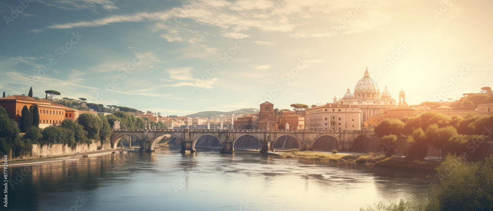 Obraz premium Historic Cityscape with River at Sunset