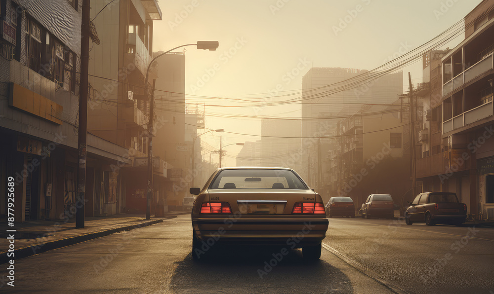 Fototapeta premium Vintage Car on Quiet City Street at Dusk