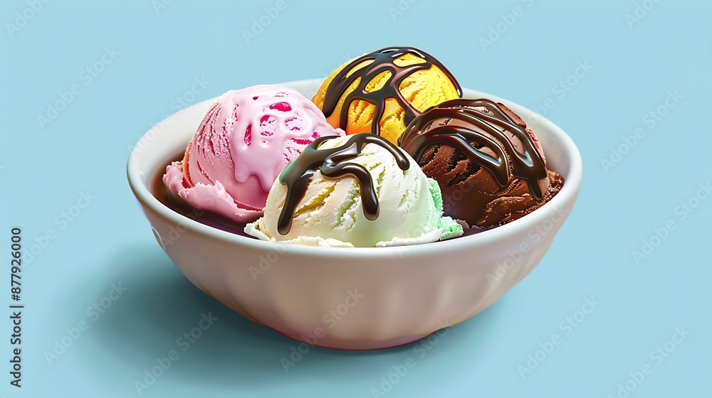Bowl of various colorful ice cream and chocolate sauce isolated on blue background Bowl of various colorful ice cream and chocolate sauce isolated on blue background