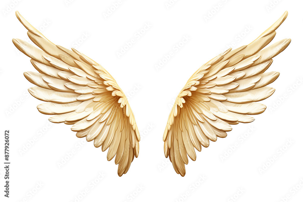 Obraz premium Elegant pair of gold wings and feathers isolated on transparent background, PNG style for digital art and graphic design projects