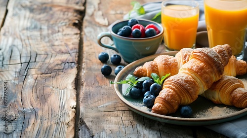 Breakfast with croissants coffee orange juice and berries on wooden table