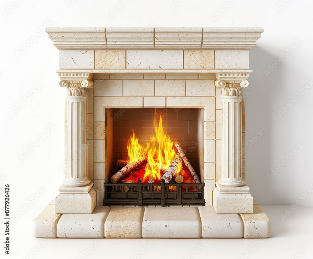 a beautiful fireplace with a fire inside. White marble a beautiful fireplace with a fire inside. White marble