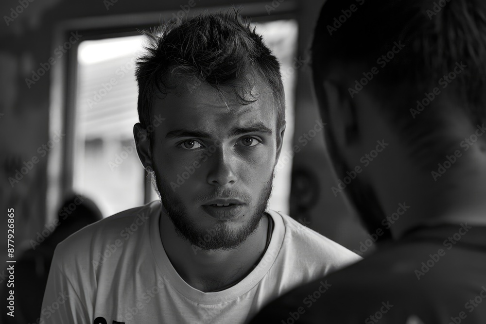 A person looks at their own image in a mirror A person looks at their own image in a mirror