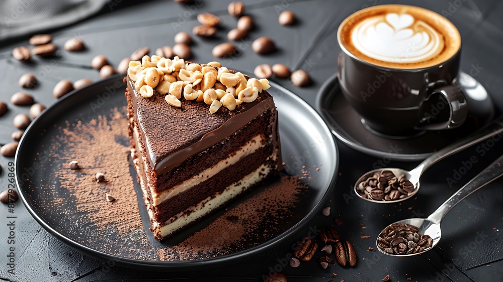 chocolate cream cake with nuts on a plate and a cup of cappuccino coffee on a black table