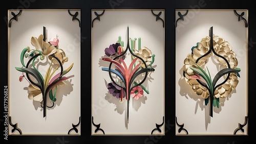 Set of three vertical banners adorned with a unique and abstract floral ornament within elegant black frames.