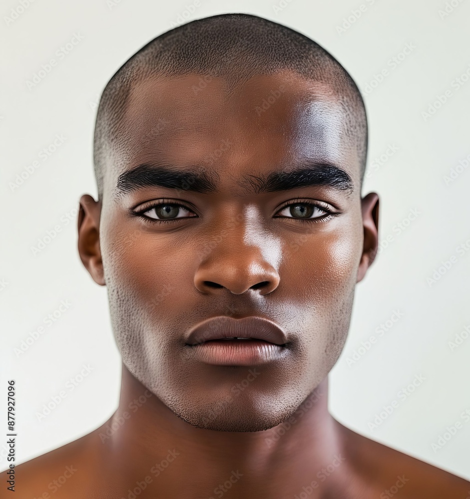 A young black man with no shirt on looking at the camera. A young black man with no shirt on looking at the camera.