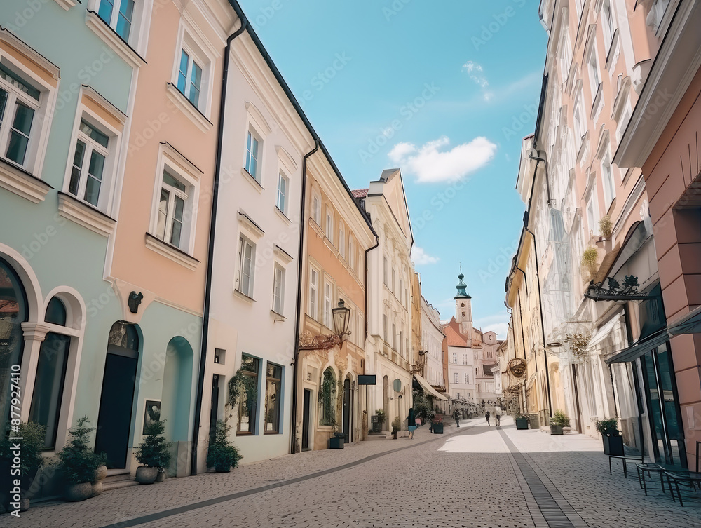 Charming European Cobblestone Street on Sunny Day Charming European Cobblestone Street on Sunny Day