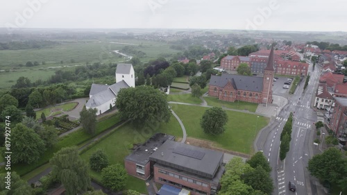 Aerial View Of Our Lady And Skive Kirke Churches In Skive, Frederiksdal Alle, Denmark. photo