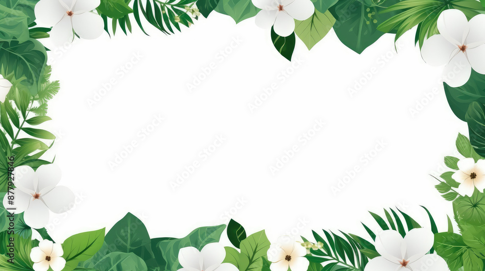 Fototapeta premium Tropical Greenery and White Flowers Frame Template