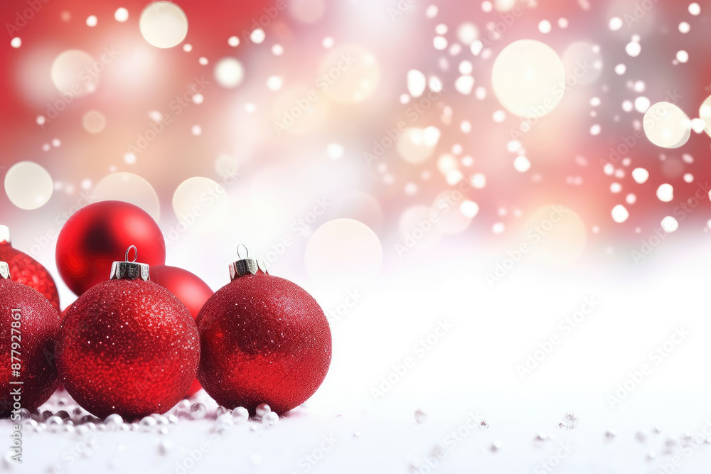 Festive Red Christmas Baubles on Wintry Background Festive Red Christmas Baubles on Wintry Background